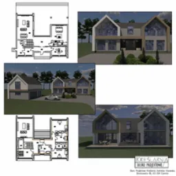 Wizualizacja domu jednorodzinnego w nowoczesnym stylu, z rzutami kondygnacji, prezentowana z różnych perspektyw, obok garaż wolnostojący i logo biura projektowego.