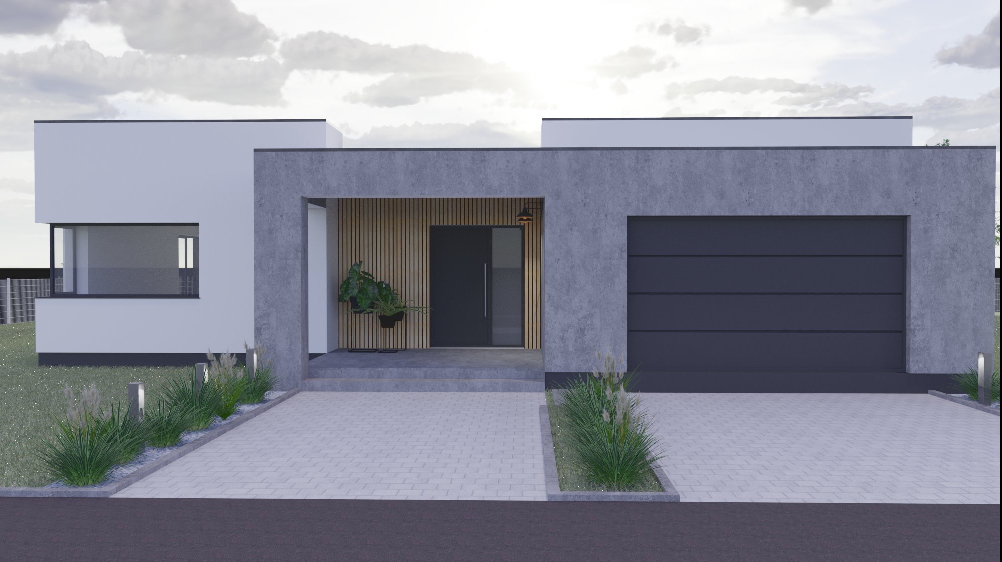 Wizualizacja nowoczesnego domu jednorodzinnego z garażem, z elewacją w odcieniach szarości i bieli, drewnianym akcentem przy wejściu, rośliną w doniczce i podjazdem z kostki brukowej.