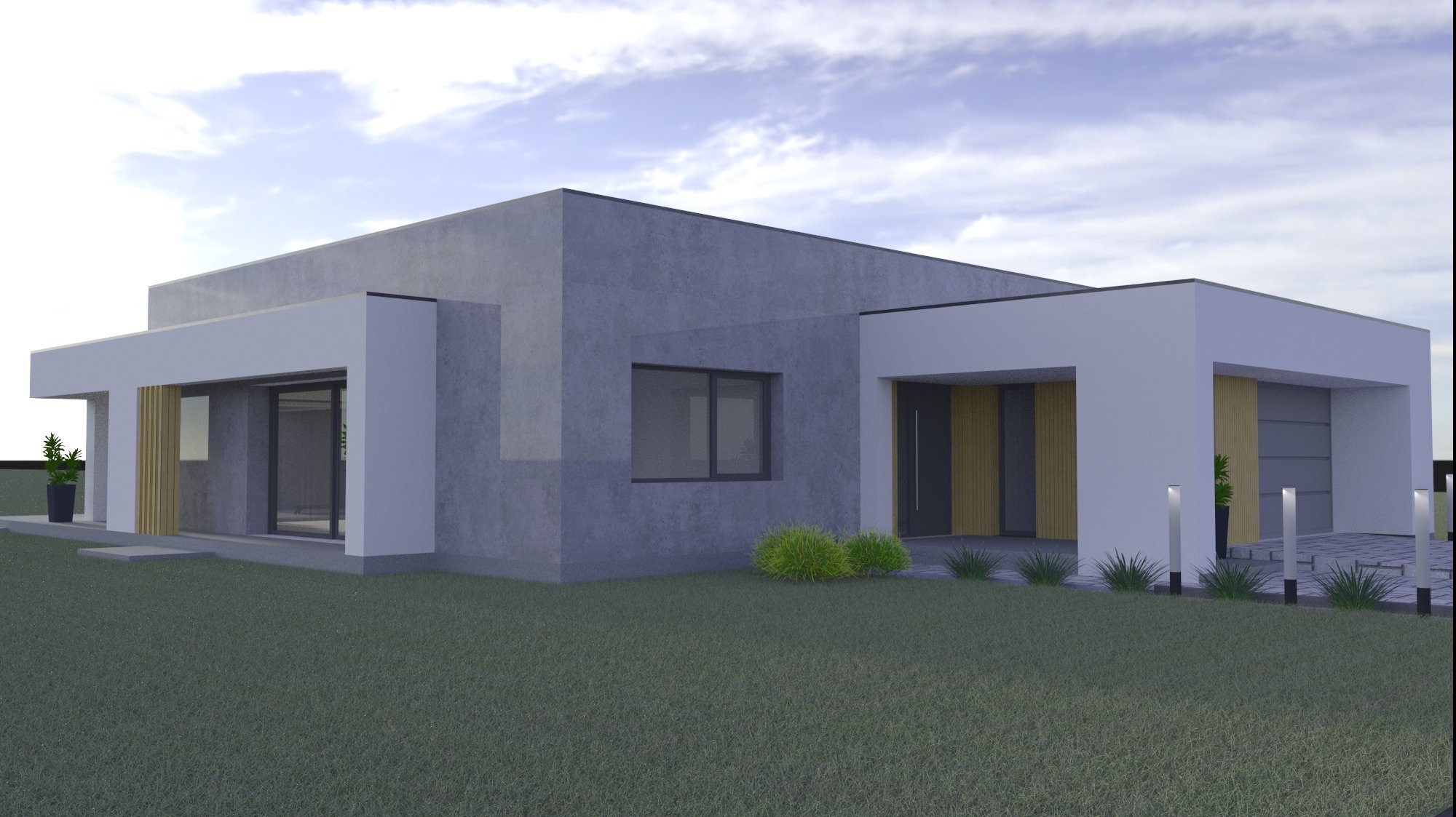 Wizualizacja nowoczesnego domu jednorodzinnego z płaskim dachem, wykończonego szarą elewacją i białymi elementami architektonicznymi, otoczonego trawnikiem i niską zielenią.