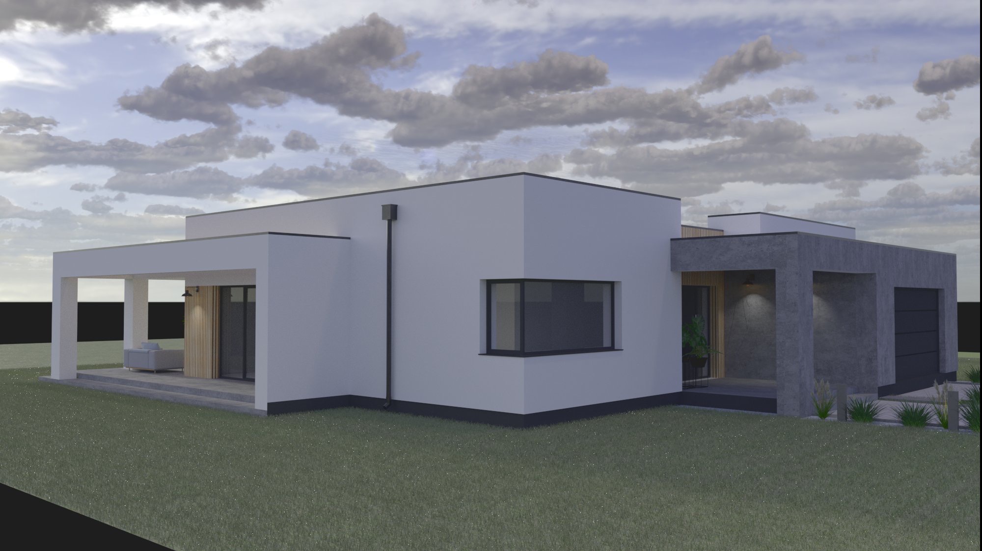 Wizualizacja nowoczesnego domu jednorodzinnego z płaskim dachem, z elementami wykończenia w kolorze szarym i białym, widok z perspektywy ogrodu.