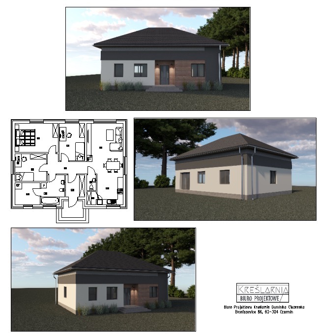 Wizualizacja 3D parterowego domu jednorodzinnego z planem wnętrza, Broniszewice. Nowoczesna bryła z ciemnoszarą górną częścią i jasną dolną, grafitowy dach, otoczenie zieleni. Na dole widoczne logo...