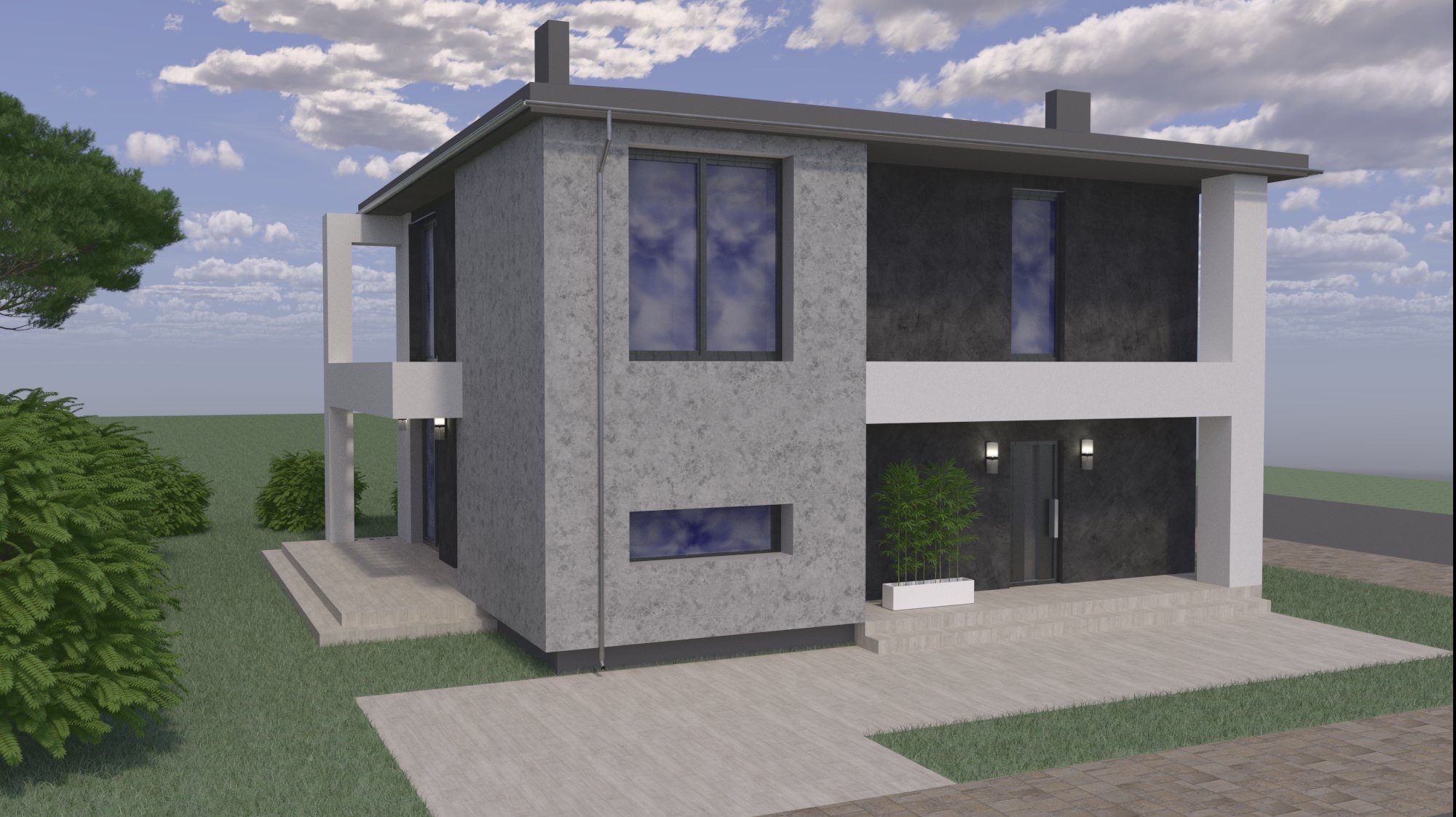 Wizualizacja dwukondygnacyjnego domu z płaskim dachem, elewacją w odcieniach szarości, dużymi oknami odbijającymi niebo i minimalistycznym otoczeniem z zielenią.