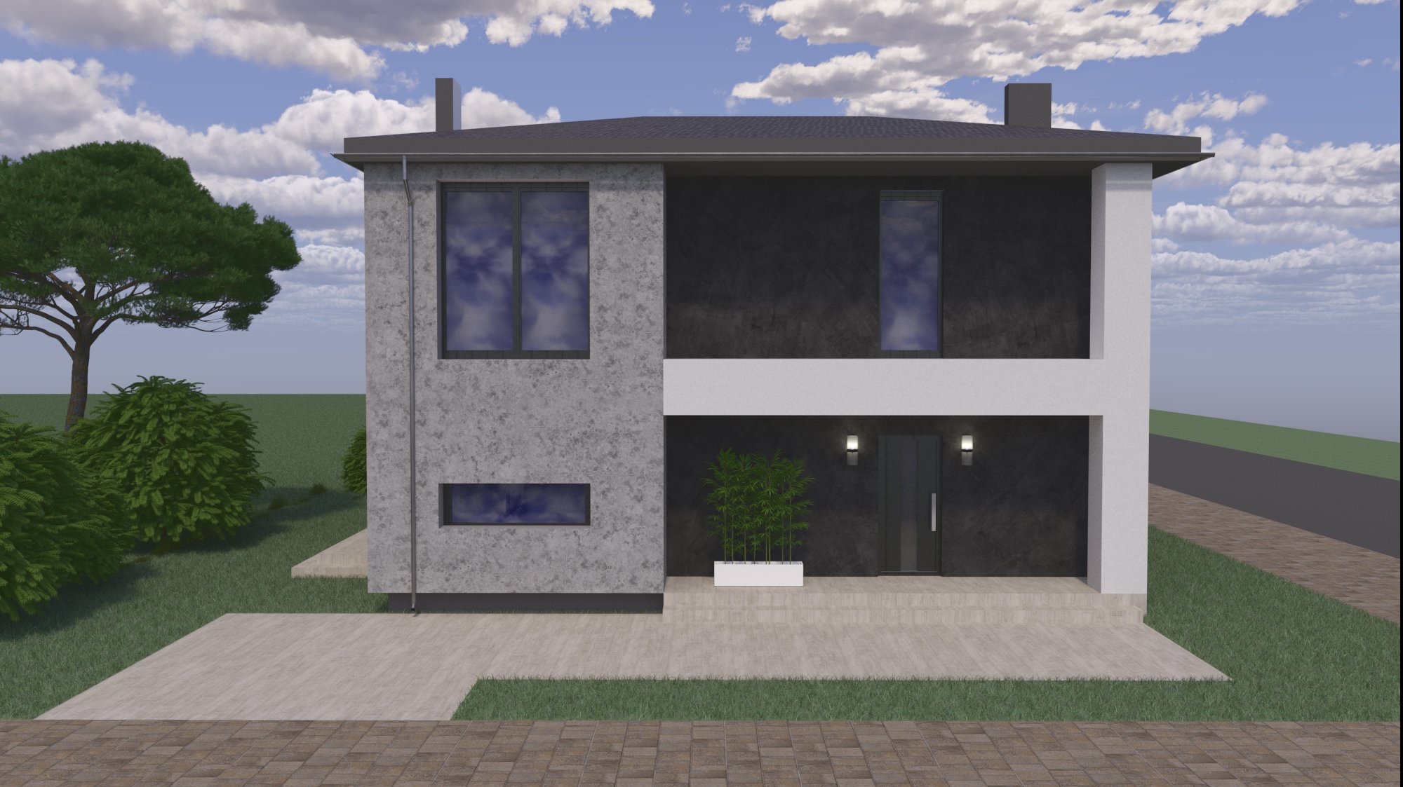 Wizualizacja dwukondygnacyjnego domu z płaskim dachem, elewacją w odcieniach szarości i czerni, z dużymi oknami odbijającymi niebo i roślinnością przed wejściem.