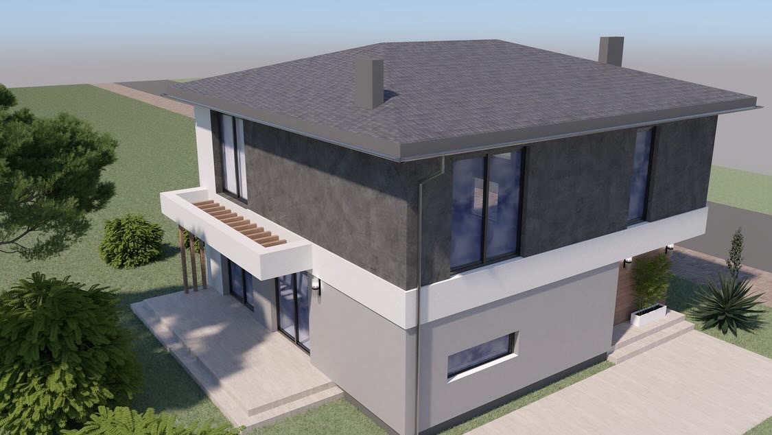 Wizualizacja dwukondygnacyjnego domu z płaskim dachem, szarą elewacją i drewnianymi elementami balkonu, otoczonego zielenią i trawnikiem.