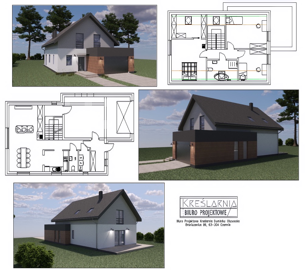 Wizualizacja 3D domu jednorodzinnego z garażem, prezentująca elewację z drewnianymi akcentami i płaskie rzuty kondygnacji z układem funkcjonalnym pomieszczeń.