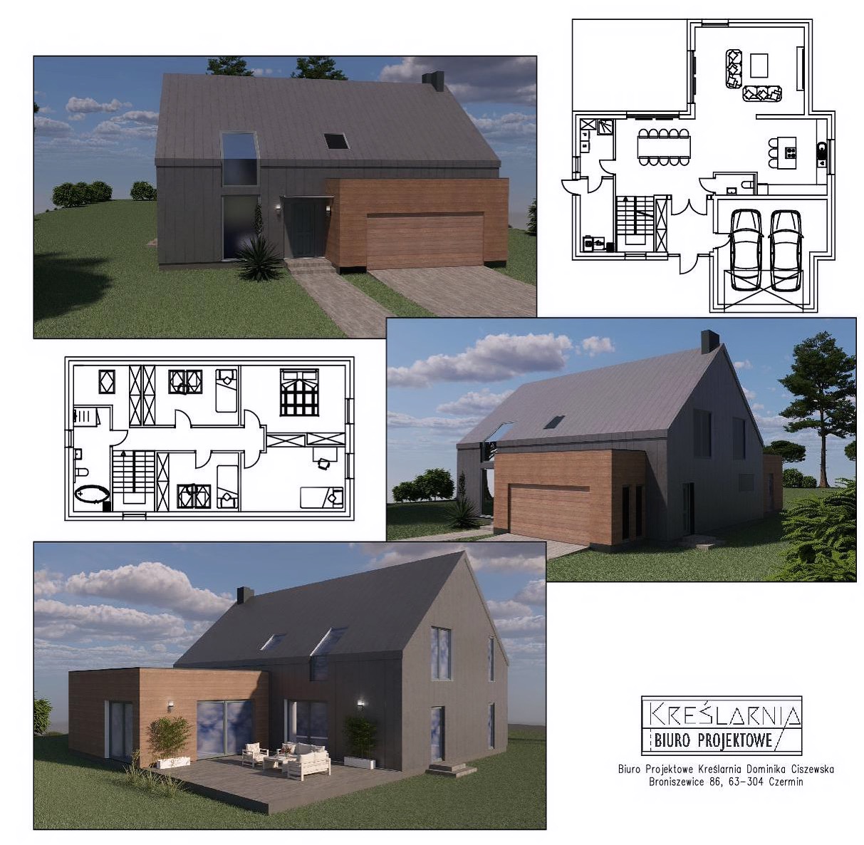 Wizualizacja domu jednorodzinnego z szarą elewacją i drewnianą dobudówką garażową, uzupełniona o rzuty kondygnacji i logo biura projektowego Kreślarnia Dominika Ciszewska.