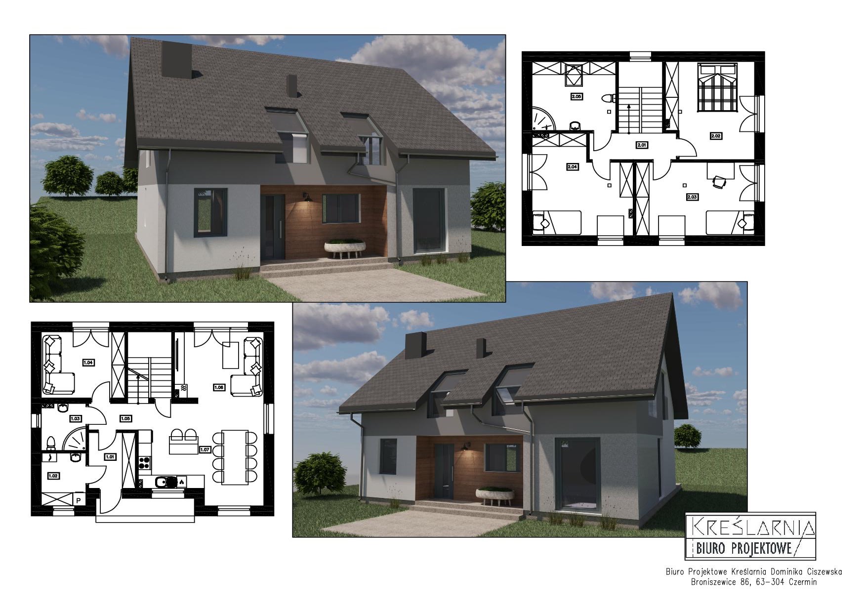 Wizualizacja 3D domu jednorodzinnego z szarym dachem i elewacją, połączona z rzutami poziomymi parteru i piętra, prezentowana przez biuro projektowe Kreślarnia.