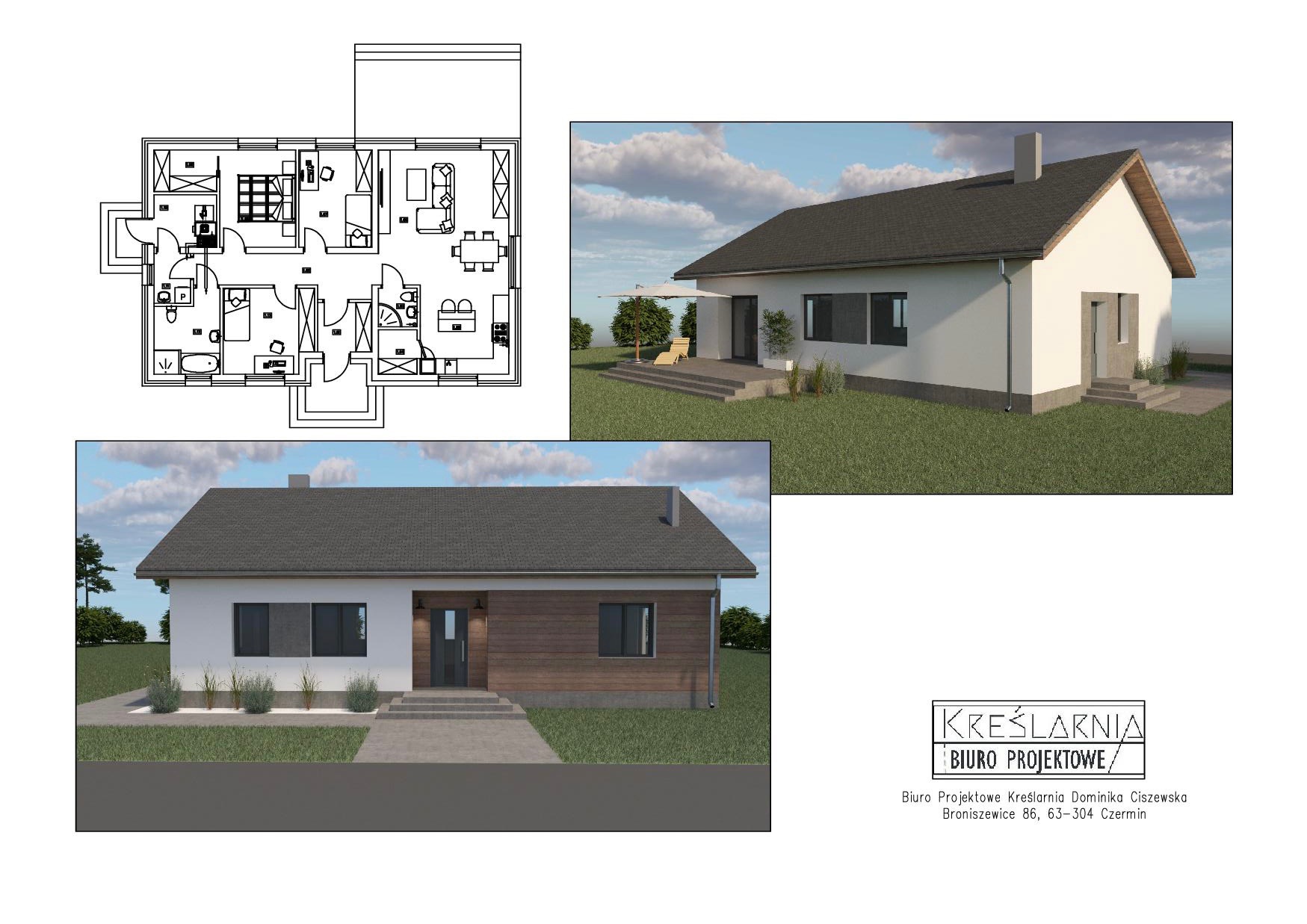 Wizualizacja domu jednorodzinnego z rzutem architektonicznym, ukazująca elewację frontową z drewnianym wykończeniem i widok z ogrodu z tarasem.