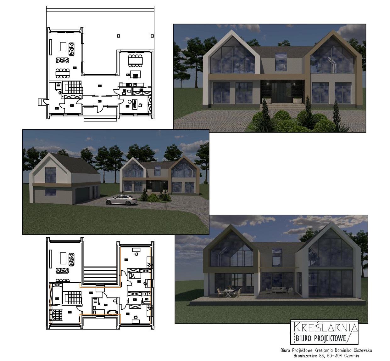 Wizualizacja domu jednorodzinnego w nowoczesnym stylu, z rzutami kondygnacji, prezentowana z różnych perspektyw, obok garaż wolnostojący i logo biura projektowego.