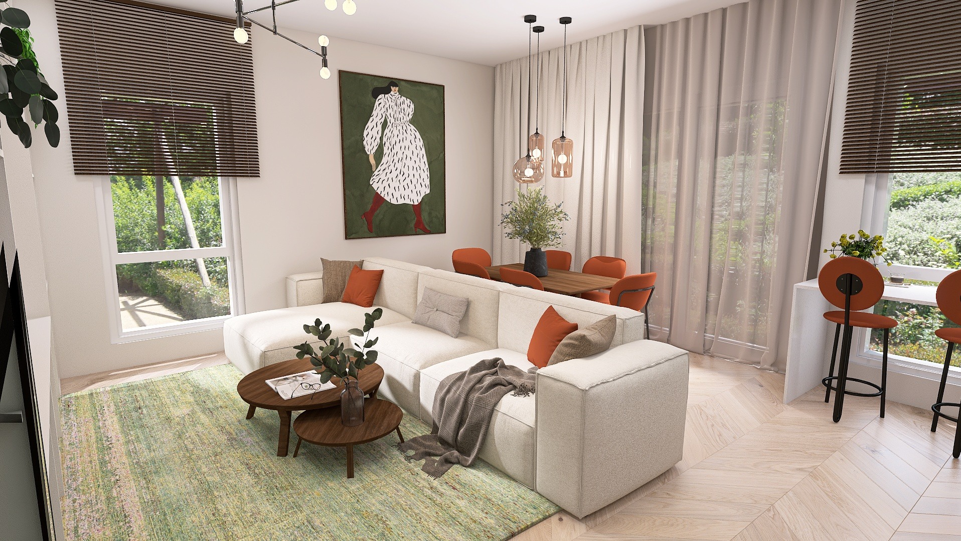 Jasny salon z narożnikiem, drewnianym stolikiem kawowym i zielonym dywanem. Na ścianie obraz, a w oknach drewniane żaluzje. Widok na zieleń za oknem.