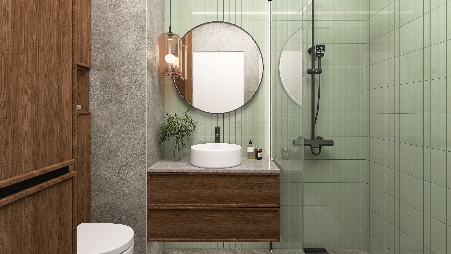 Nowoczesna łazienka z okrągłym lustrem, umywalką nablatową i zielonymi płytkami. Widoczna kabina prysznicowa i drewniana szafka pod umywalką. Minimalistyczny design.