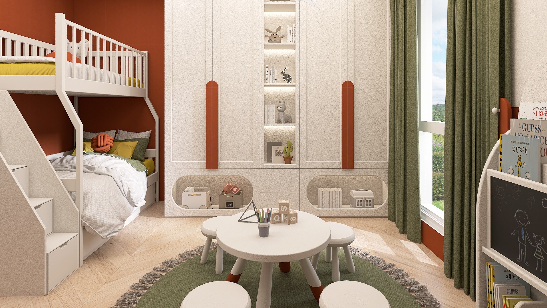 Pokój dziecięcy z łóżkiem piętrowym, białymi meblami i okrągłym stolikiem. Stonowana kolorystyka, zabawki i książki tworzą przytulną przestrzeń dla dziecka.