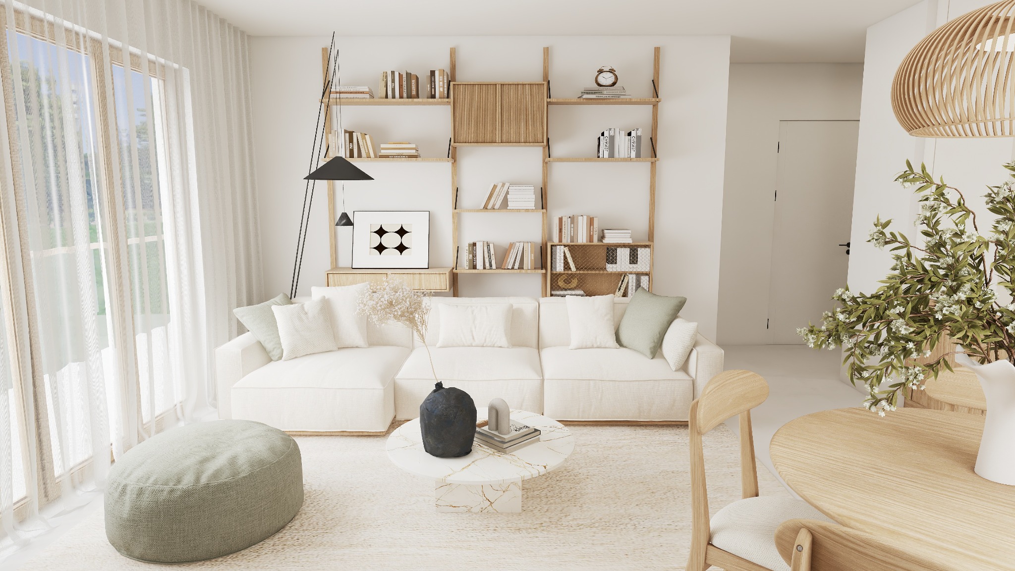 Jasne, przestronne wnętrze z białym narożnikiem, drewnianym regałem i okrągłym stolikiem kawowym. Minimalistyczny design z naturalnymi elementami i subtelnym oświetleniem.