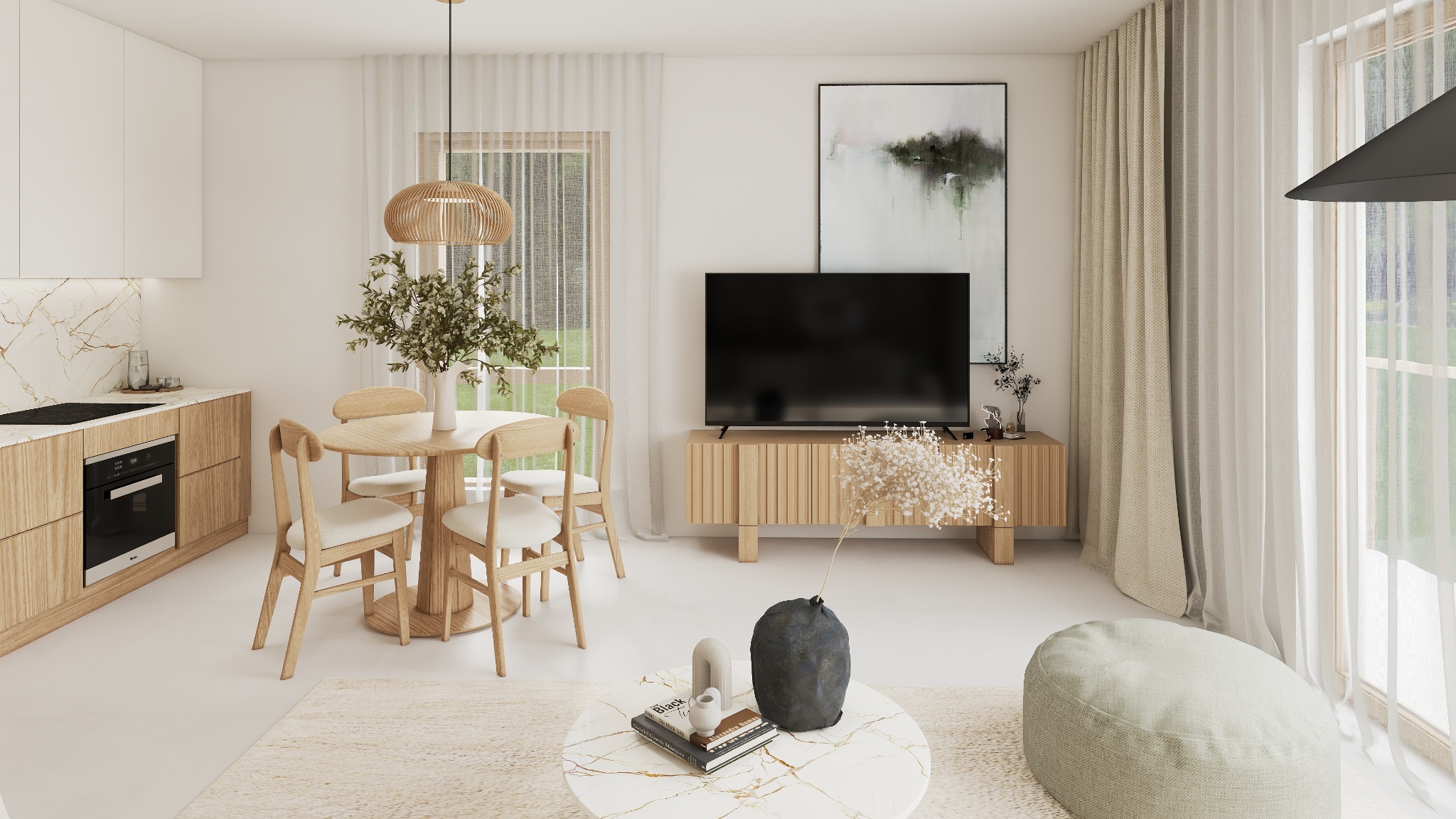 Jasne wnętrze: drewniany stół z krzesłami, TV na szafce RTV, marmurowy stolik kawowy, pufa, okno z zasłonami. Minimalistyczny design z akcentami naturalnego drewna.