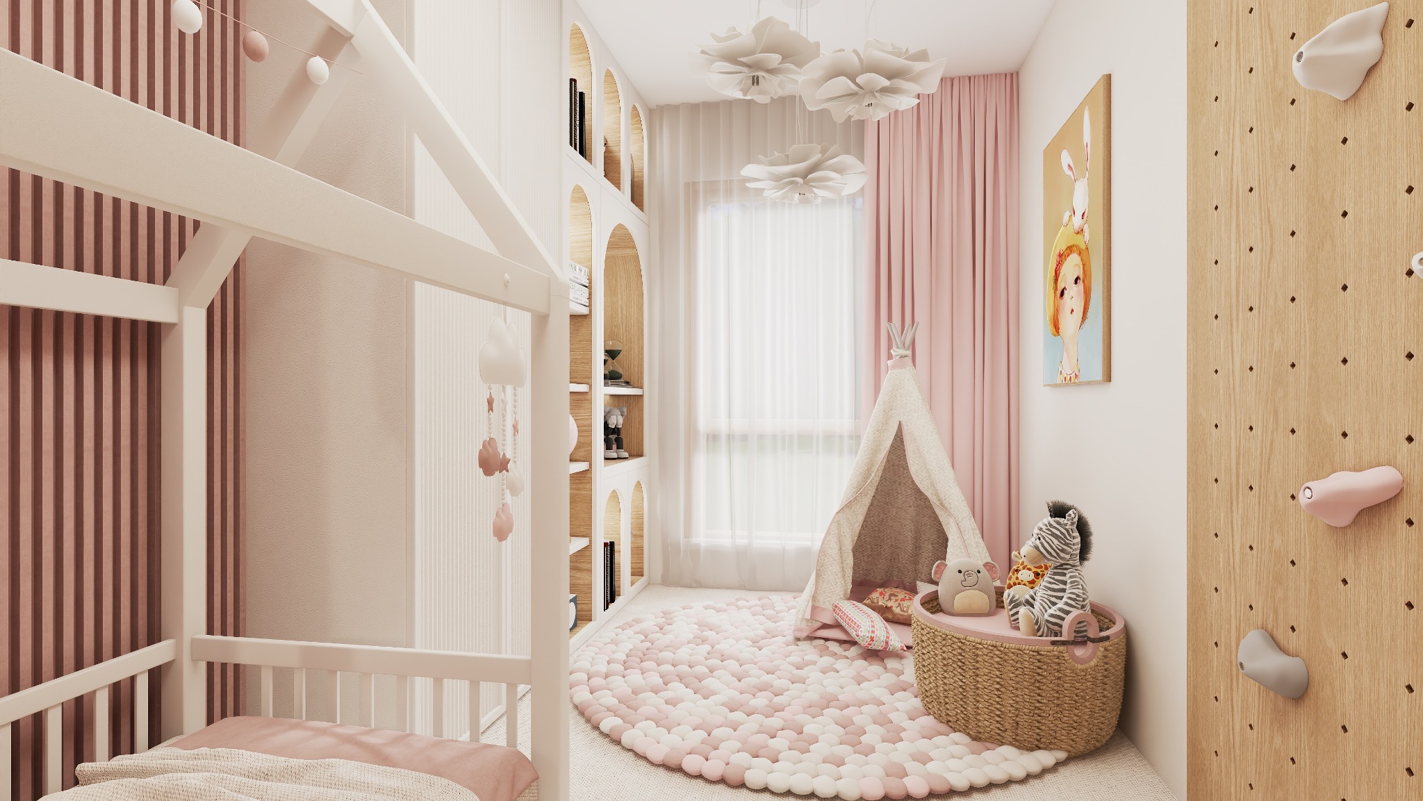 Jasny pokój dziecięcy z łóżkiem w kształcie domku, tipi, ścianką wspinaczkową i regałem z półkami w kształcie łuków. Pastelowa kolorystyka, miękki dywan i dekoracje.