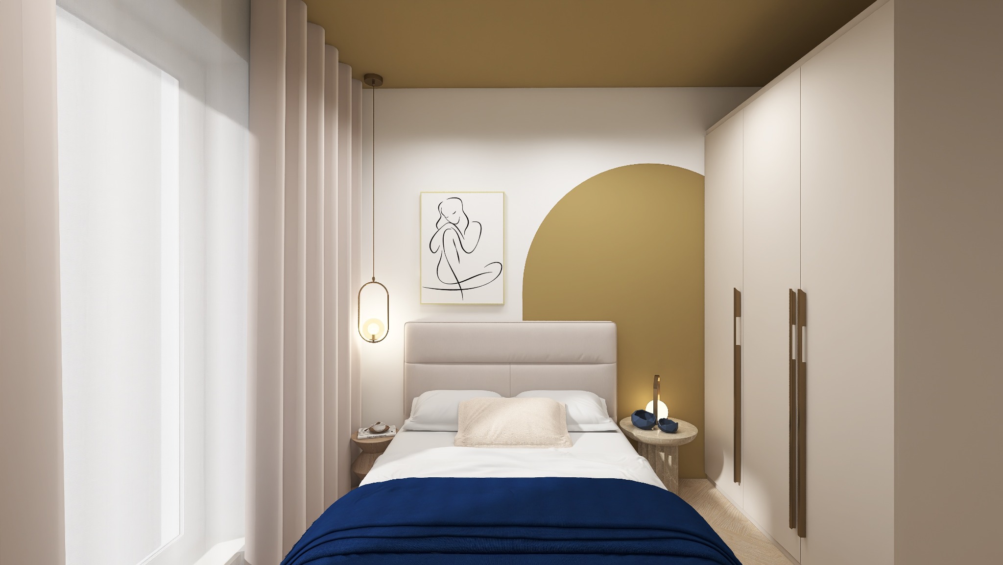 Nowoczesna sypialnia z łóżkiem w odcieniach beżu i granatu, minimalistycznym obrazem na ścianie i złotymi akcentami. Stonowana kolorystyka i proste formy.