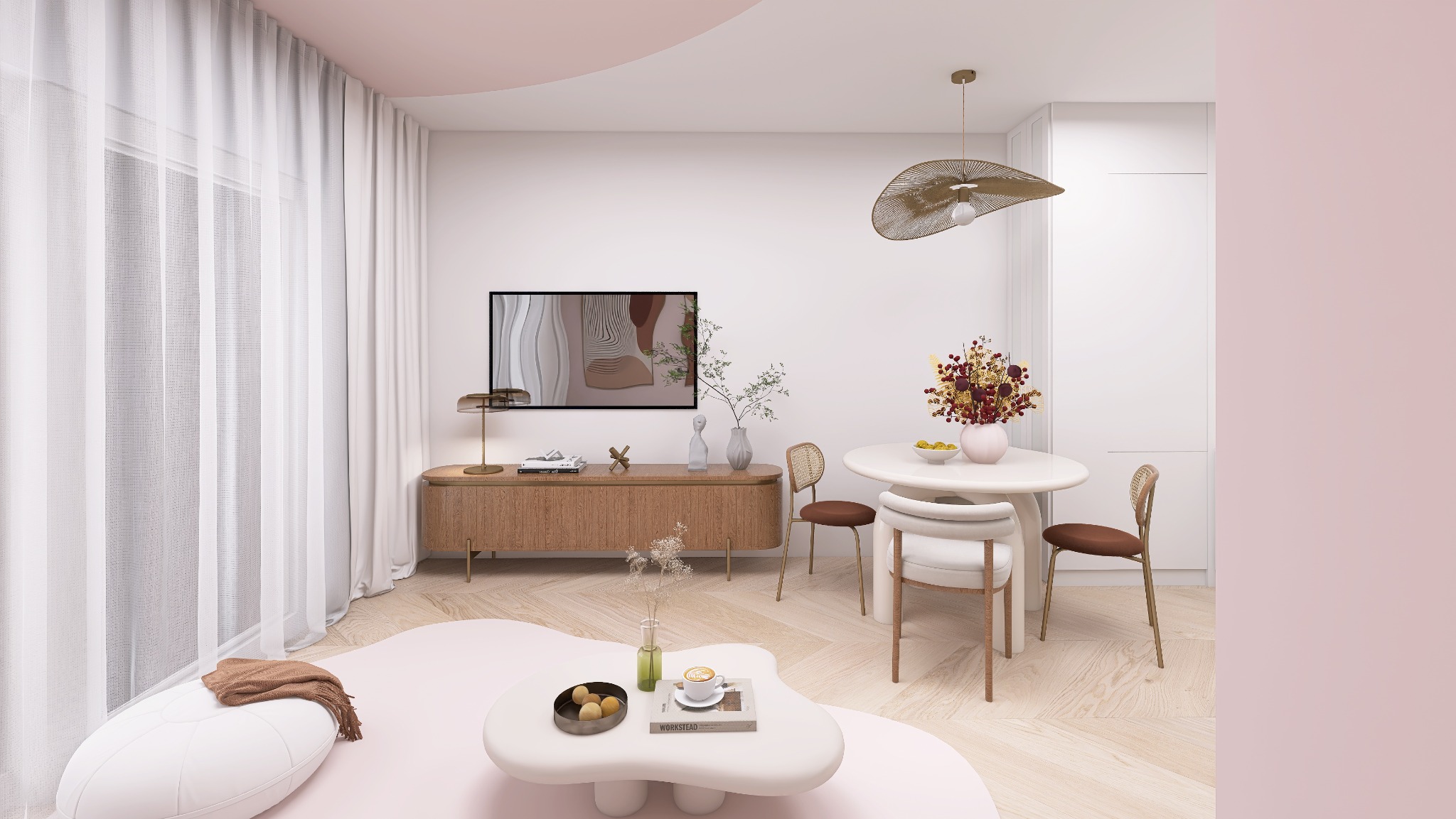 Jasne wnętrze w Gdańsku z pastelowymi akcentami: okrągły stół z kwiatami, designerska lampa i dywan o organicznym kształcie. Minimalistyczny, ale przytulny wystrój.