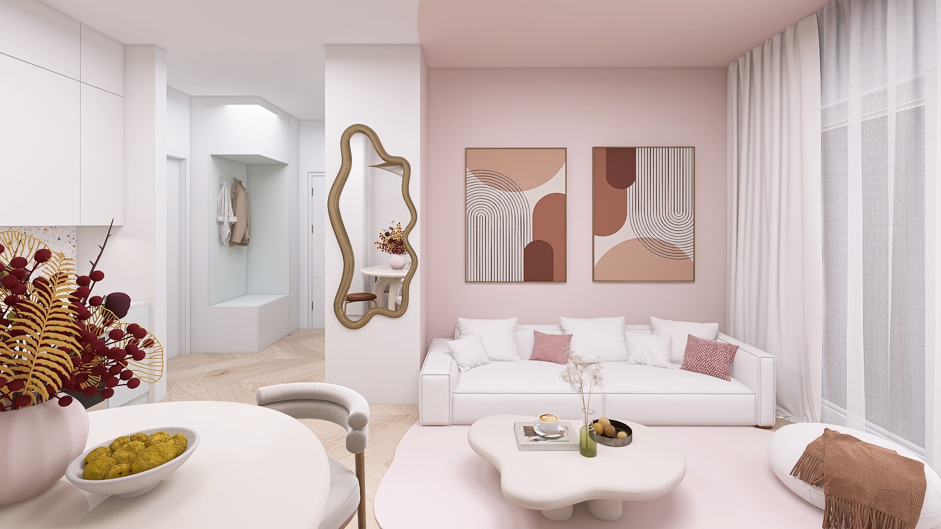 Stylowy salon w pastelowych barwach z białymi meblami, abstrakcyjnymi obrazami i dekoracyjnym lustrem. Widok na przedpokój z wieszakiem i siedziskiem. Nowoczesny design.