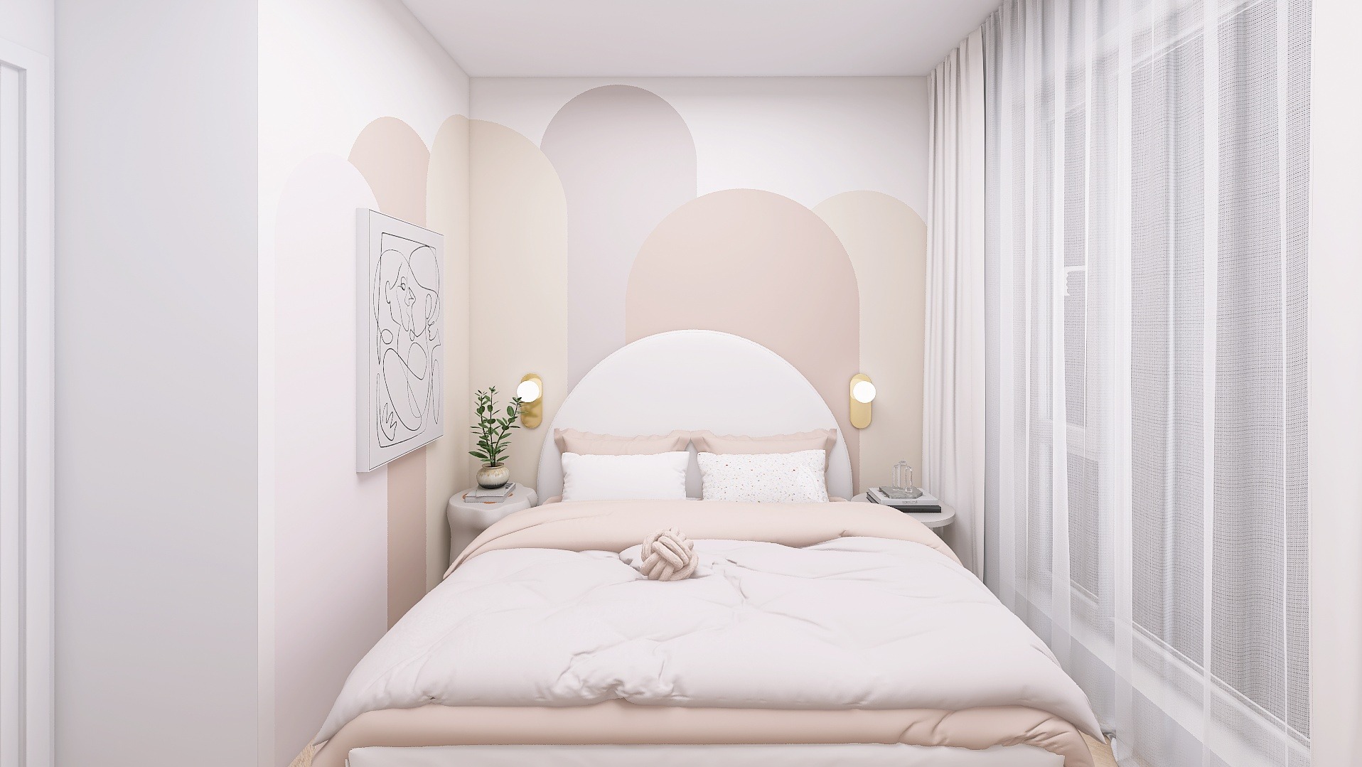 Jasna sypialnia z łóżkiem, okrągłym zagłówkiem i pastelowymi dekoracjami na ścianie. Minimalistyczny design z nutą nowoczesności i subtelnym oświetleniem.