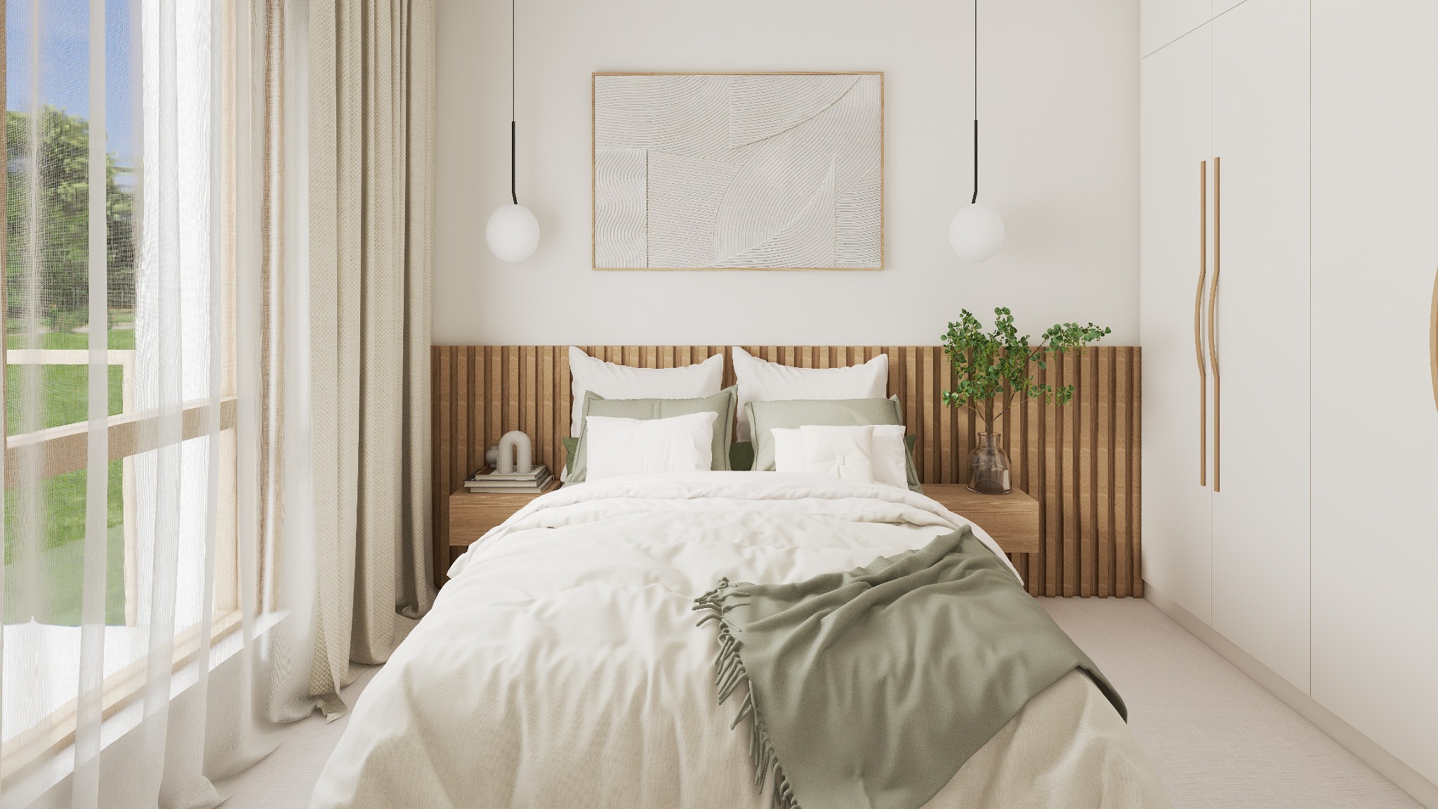 Jasna sypialnia z drewnianym zagłówkiem, minimalistycznym obrazem i zwisającymi lampami. Beżowe zasłony wpuszczają światło, a zielony pled dodaje akcentu kolorystycznego.