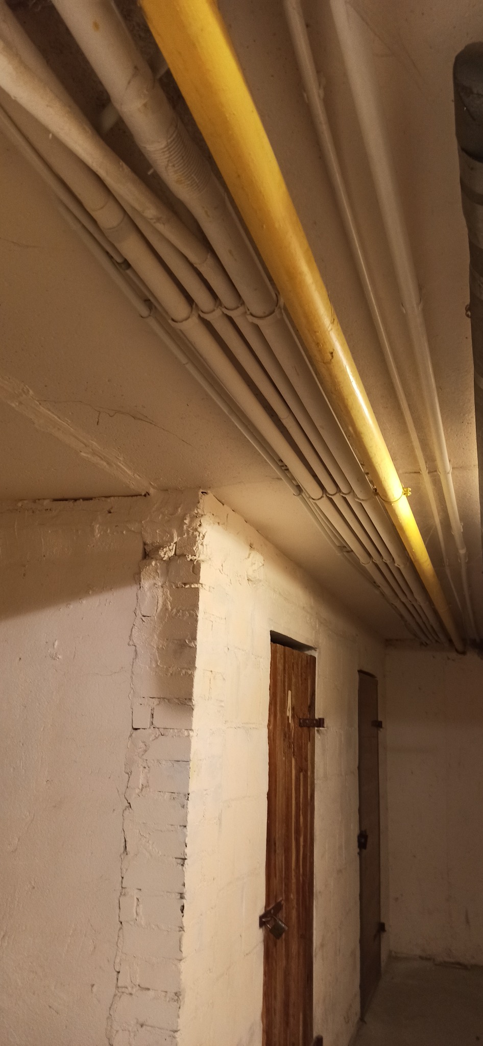 Rzut z dołu na wiązkę białych rurek instalacyjnych i jedną żółtą, biegnących pod sufitem piwnicy z pomalowanymi na biało ścianami z bloków i dwiema drewnianymi, starymi drzwiami.