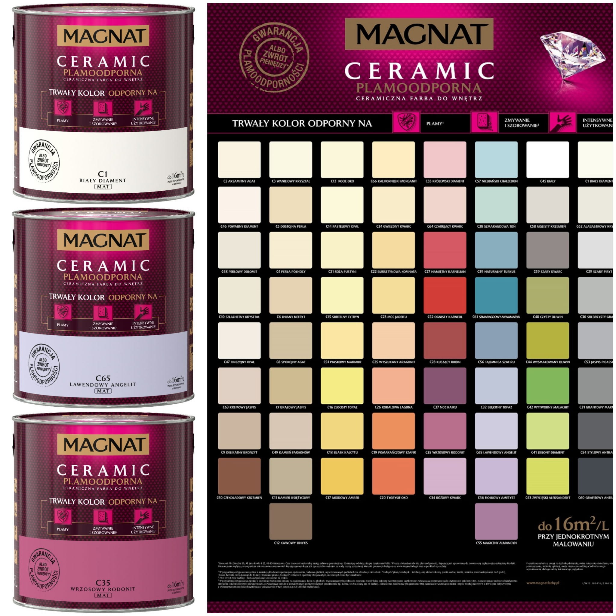 Puszki farb Magnat Ceramic z paletą kolorów, prezentujące odcienie od białego przez beże, róże, zielenie, szarości i brązy, z informacją o plamoodporności i trwałości koloru.