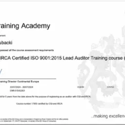 Certyfikat ukończenia kursu ISO 9001:2015 Lead Auditor Training course przez Michała Kubackiego, wydany przez BSI Training Academy, z datami ważności 22/07/2024 - 26/07/2024 i numerem ENR-01542283.