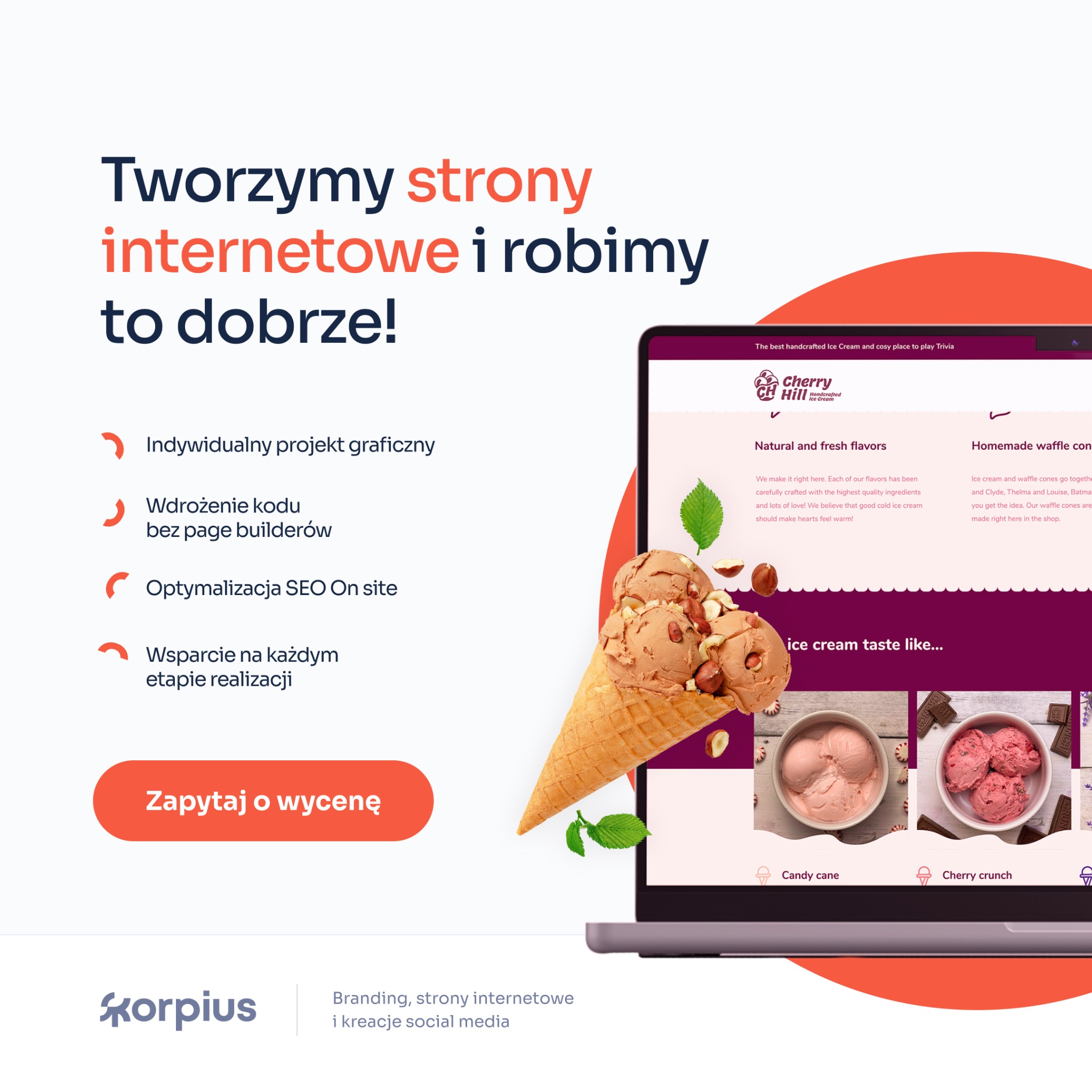 Ekran laptopa prezentuje stronę internetową z motywem lodów, obok w rogu widoczny wafel z lodami i orzechami, całość na tle z tekstem o tworzeniu stron internetowych.