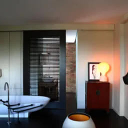 Nowoczesna łazienka z wolnostojącą wanną na czarnym parkiecie, widok na umywalkę przez żaluzje, orientalna szafka z lampką i obrazkiem oraz wiszące lampy.