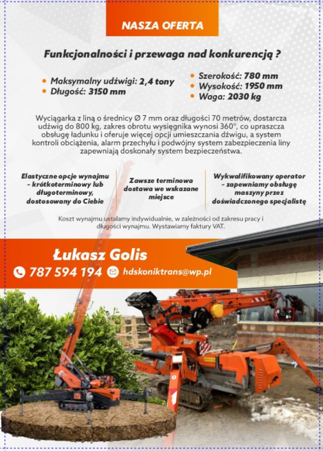 Grafika reklamowa prezentująca dwa pomarańczowe mini-dźwigi gąsienicowe, jeden z wysuniętym ramieniem, drugi na tle budynku, z danymi kontaktowymi firmy i specyfikacją techniczną w górnej części.