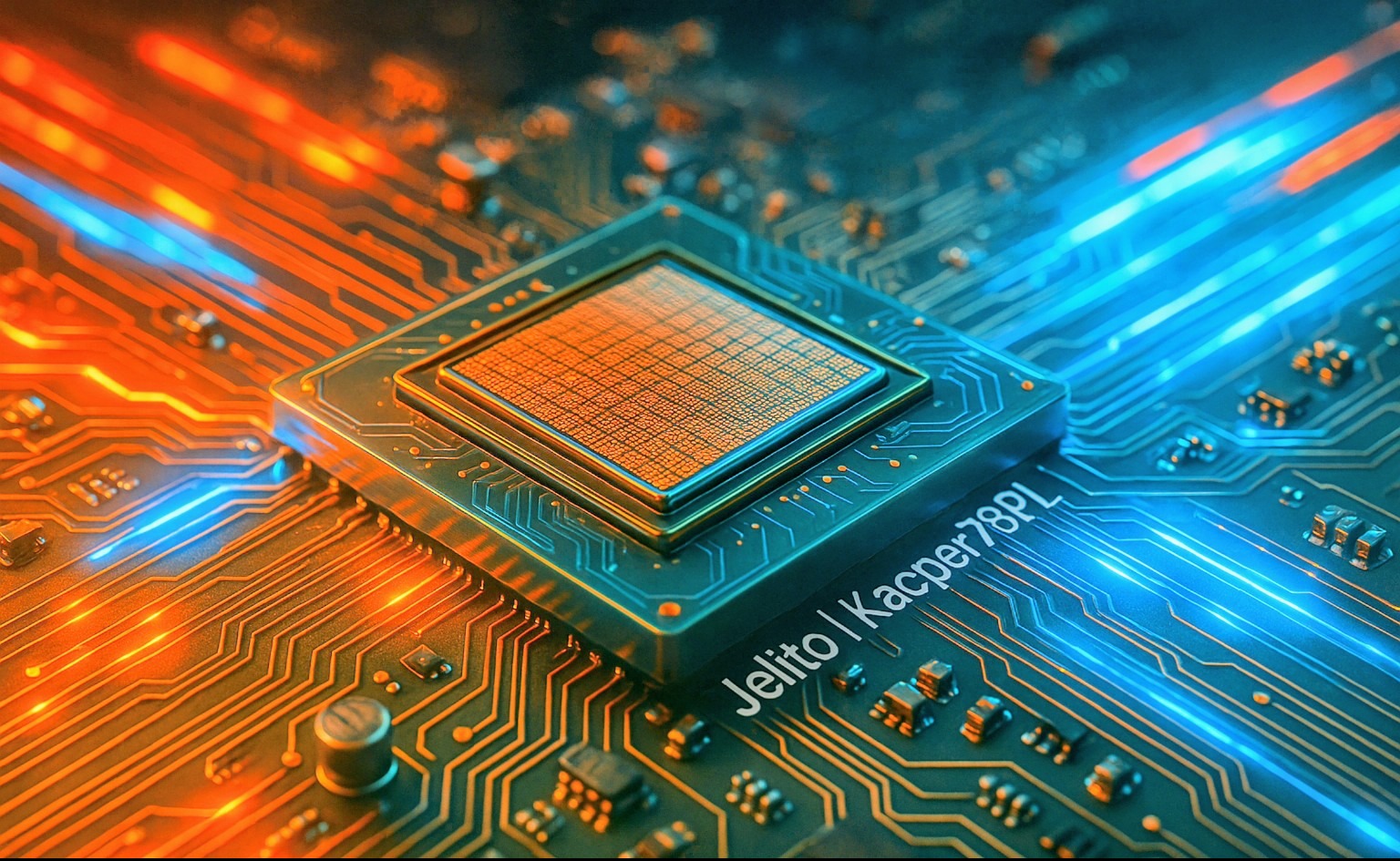 Zbliżenie na mikroprocesor z widocznymi ścieżkami i elementami elektronicznymi, oświetlony niebiesko-pomarańczowym światłem, z napisem 'Jelito | Kacper78PL'.