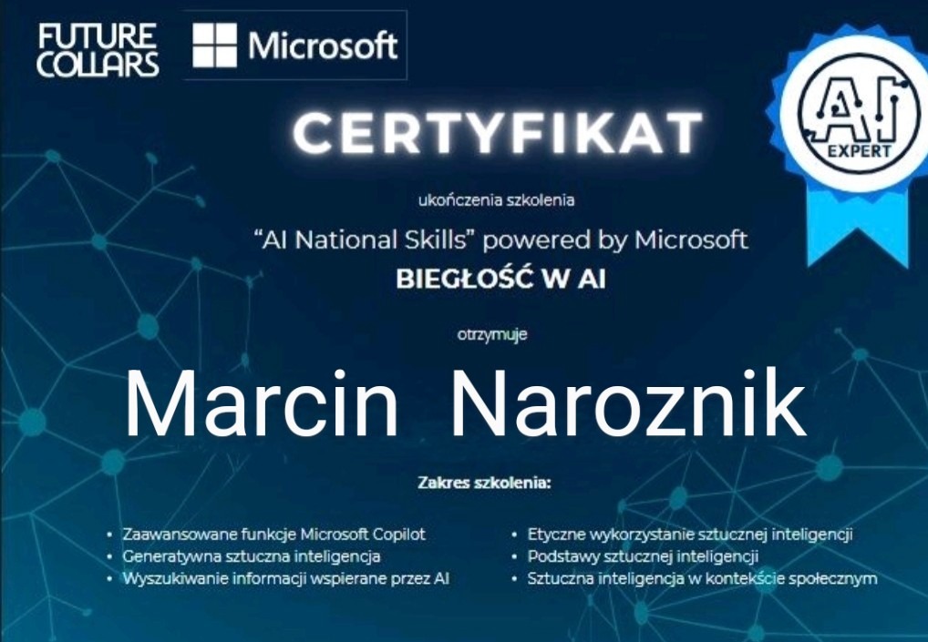 Certyfikat ukończenia szkolenia 'AI National Skills' powered by Microsoft, potwierdzający biegłość w AI, wystawiony na imię Marcin Naroznik.