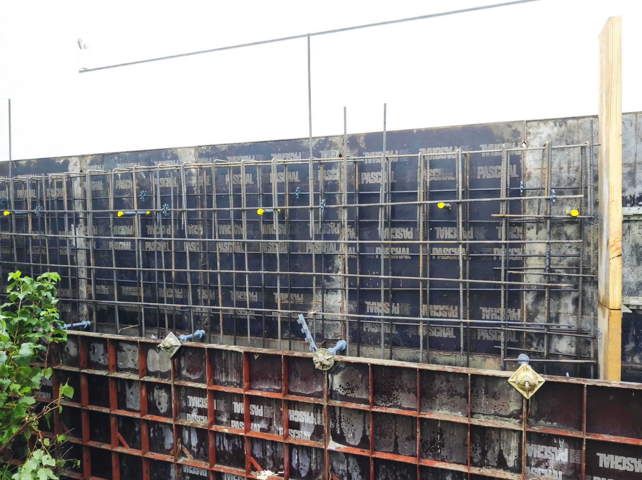 Szczegółowy widok szalunku zbrojeniowego fundamentów z widocznymi elementami mocującymi i siatką z prętów stalowych, przygotowany do zalewania betonem, z zielenią w lewym dolnym rogu.