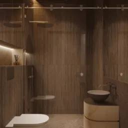 Nowoczesna łazienka z drewnianymi panelami, wiszącą toaletą i umywalką na szafce. Minimalistyczny design, ciepłe oświetlenie, marmurowa podłoga.