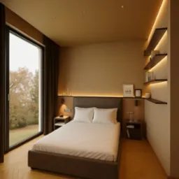 Nowoczesna sypialnia z dużym oknem, drewnianą podłogą w jodełkę i półkami z podświetleniem LED. Minimalistyczny design, stonowana kolorystyka, widok na zewnątrz.