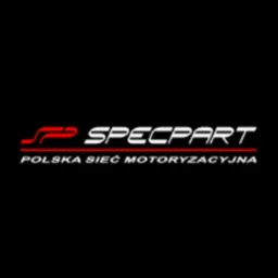 Logo Specpart: czerwone SP i biały napis Specpart nad tekstem Polska Sieć Motoryzacyjna na czarnym tle.