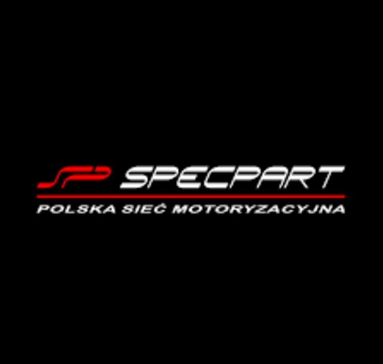 Logo Specpart: czerwone SP i biały napis Specpart nad tekstem Polska Sieć Motoryzacyjna na czarnym tle.