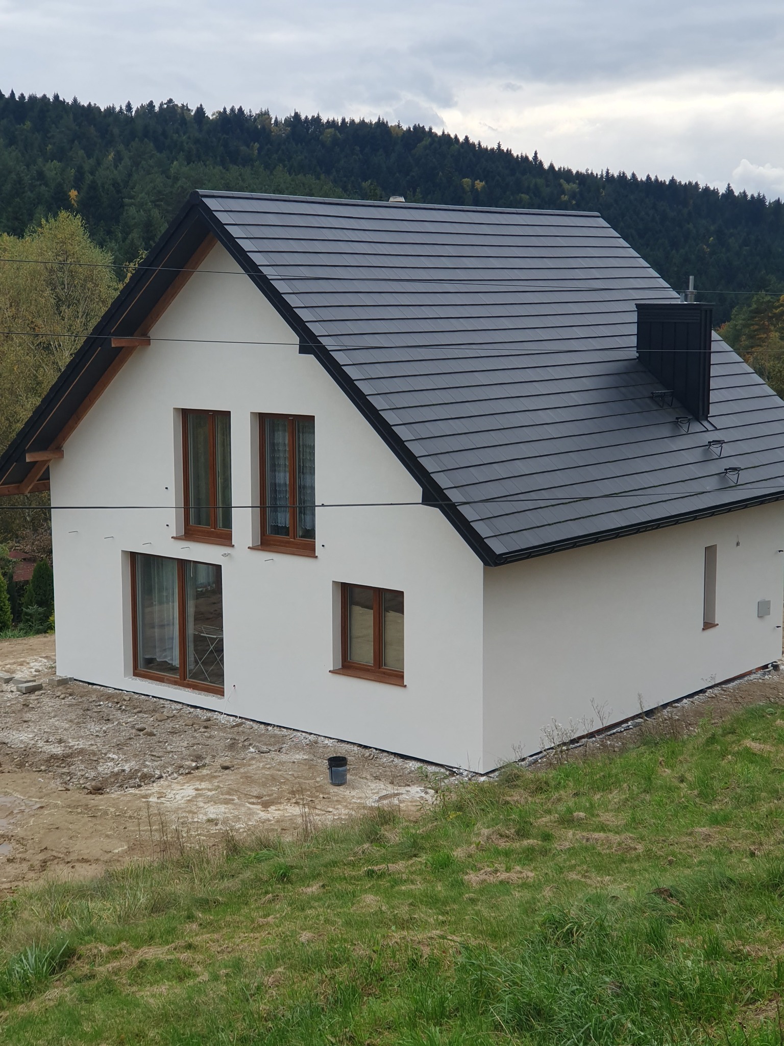 Nowoczesny dom jednorodzinny z białą elewacją, grafitowym dachem i drewnianymi oknami na tle zalesionych wzgórz. Widoczne detale wykończenia.