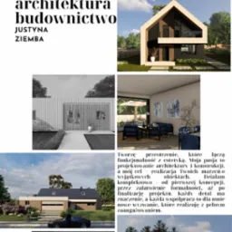 Kolaż wizualizacji architektonicznych przedstawiający różne projekty domów jednorodzinnych i wnętrz, w tym nowoczesny dom z dwuspadowym dachem i dużymi przeszkleniami, minimalistyczne wnętrze...