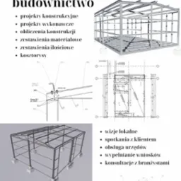 Zestawienie wizualizacji i rysunków technicznych konstrukcji stalowej hali, prezentujące różne etapy projektowania i budowy.