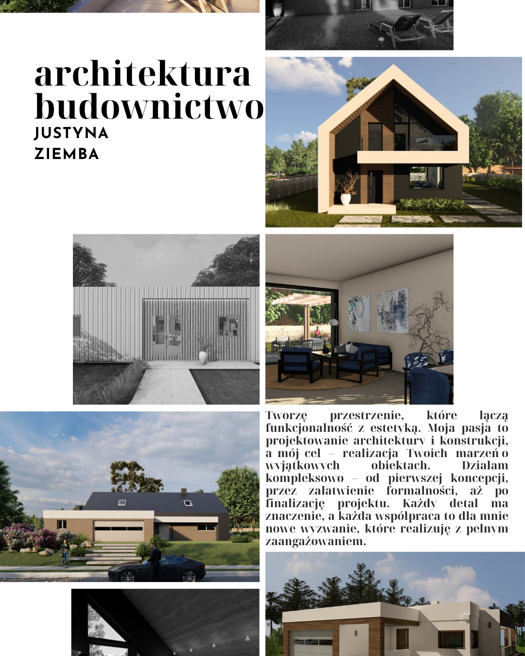 Kolaż wizualizacji architektonicznych przedstawiający różne projekty domów jednorodzinnych i wnętrz, w tym nowoczesny dom z dwuspadowym dachem i dużymi przeszkleniami, minimalistyczne wnętrze...