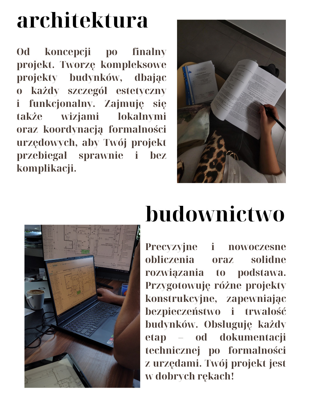 Biuro projektowe: laptop z widocznym planem budynku, dodatkowy monitor z projektem, tablet z rysunkami technicznymi, kubek z kawą, dokumenty na stole, osoba pracująca nad projektem.