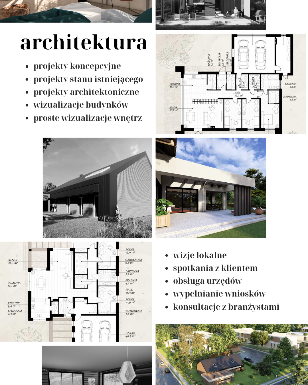 Zestawienie wizualizacji architektonicznych: rzut poziomy domu z garażem, bryła budynku z zewnątrz w czerni i bieli, wizualizacja domu z ogrodem w kolorze.