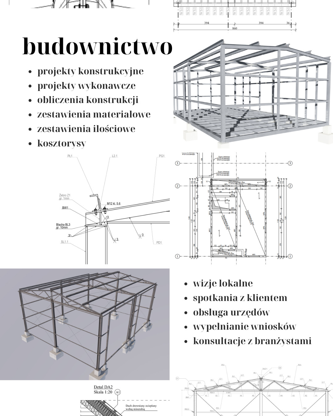 Zestawienie wizualizacji i rysunków technicznych konstrukcji stalowej hali, prezentujące różne etapy projektowania i budowy.