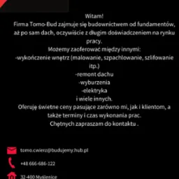 Folder reklamowy firmy Tomo-Bud z ofertą budowy od fundamentów po dach, wykończenia wnętrz, remontów dachów, wyburzeń i elektryki, z podanym adresem e-mail, numerem telefonu i adresem siedziby.