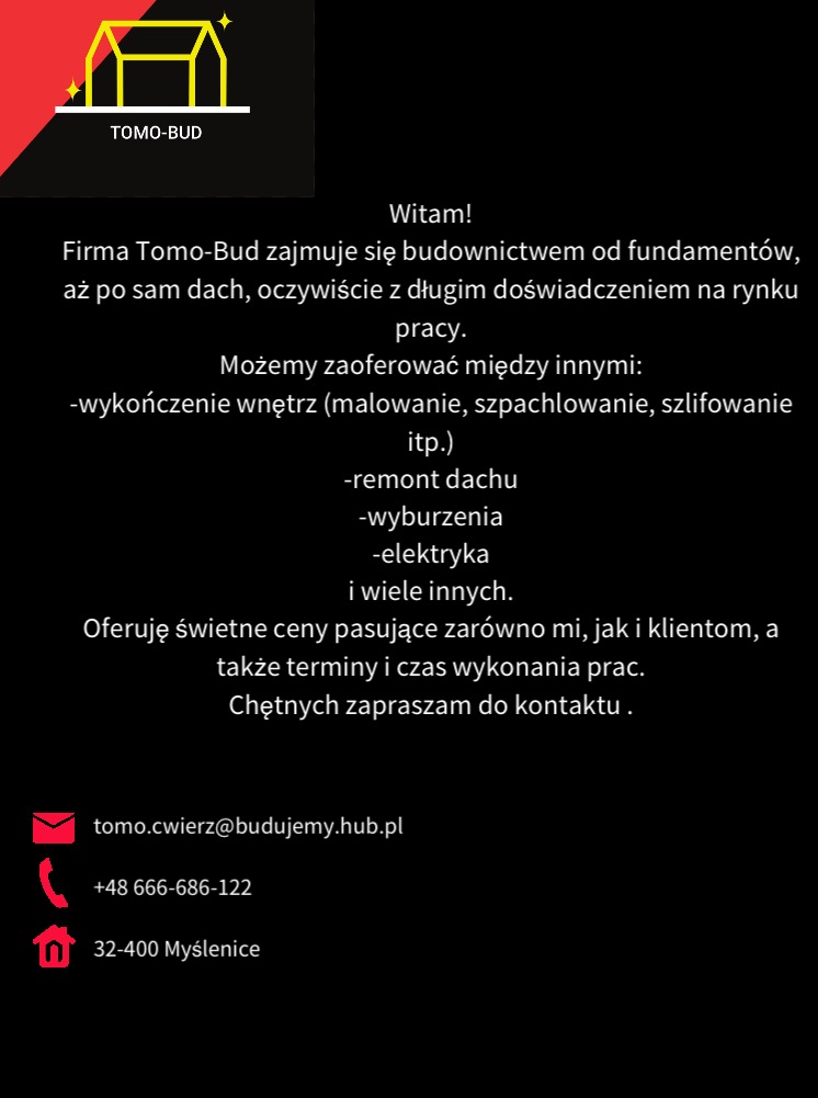 Folder reklamowy firmy Tomo-Bud z ofertą budowy od fundamentów po dach, wykończenia wnętrz, remontów dachów, wyburzeń i elektryki, z podanym adresem e-mail, numerem telefonu i adresem siedziby.