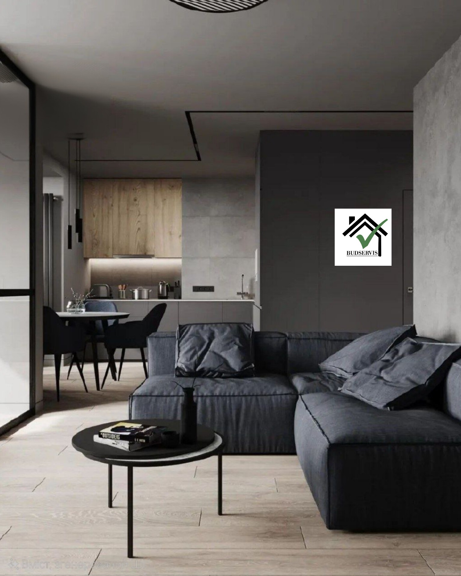 Nowoczesny salon z szarą sofą modułową, okrągłym stolikiem kawowym z książkami i otwartą kuchnią z drewnianymi frontami szafek w tle, oświetlony lampami wiszącymi i podświetleniem LED, z logo firmy...