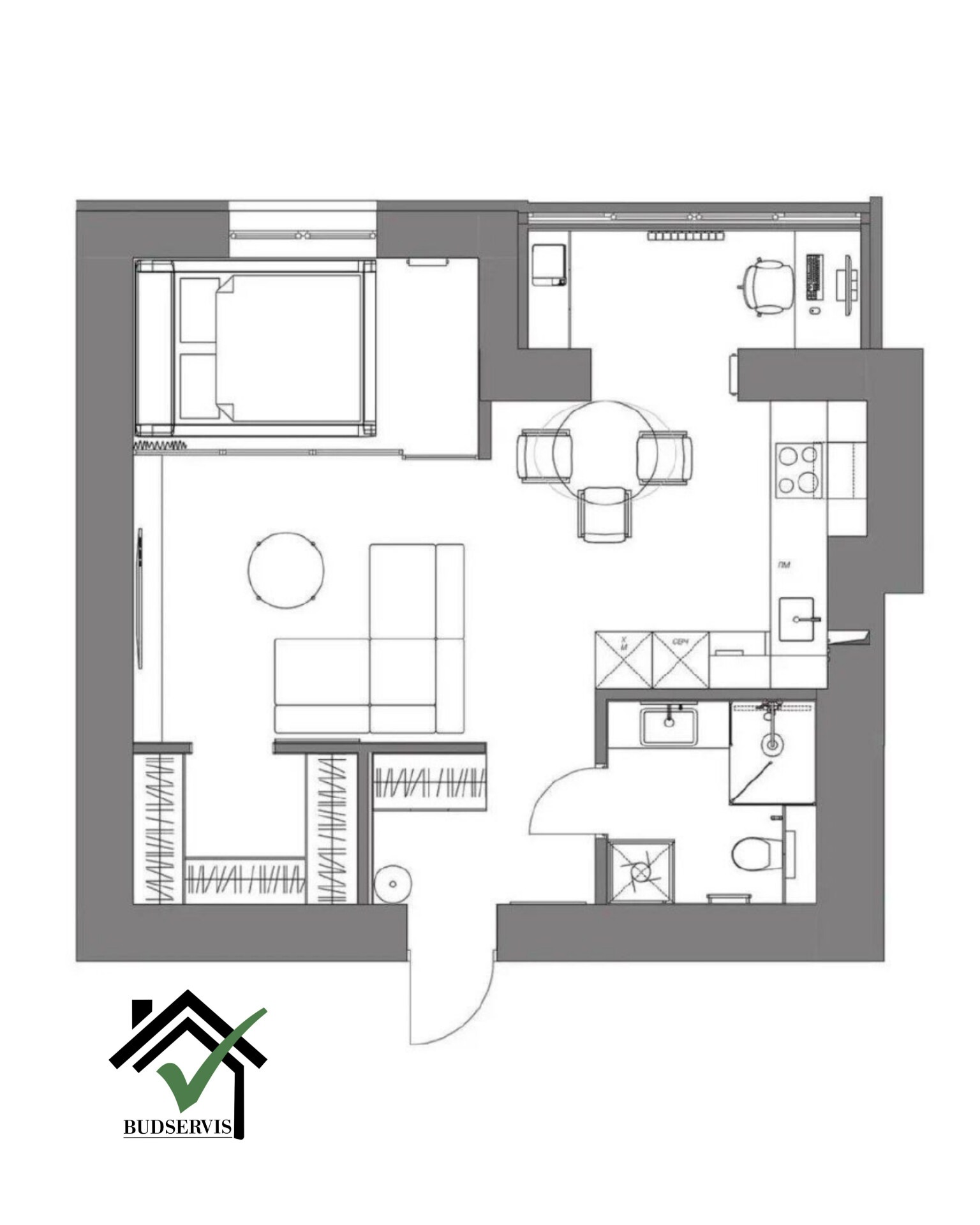 Plan mieszkania w Gdyni z rozmieszczeniem mebli i wyposażenia, widok z góry, z logo firmy Budserwis.