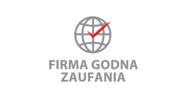 Szary glob z czerwoną fajką nad napisem 'Firma Godna Zaufania' na białym tle. Symbol wiarygodności i profesjonalizmu w branży IT.