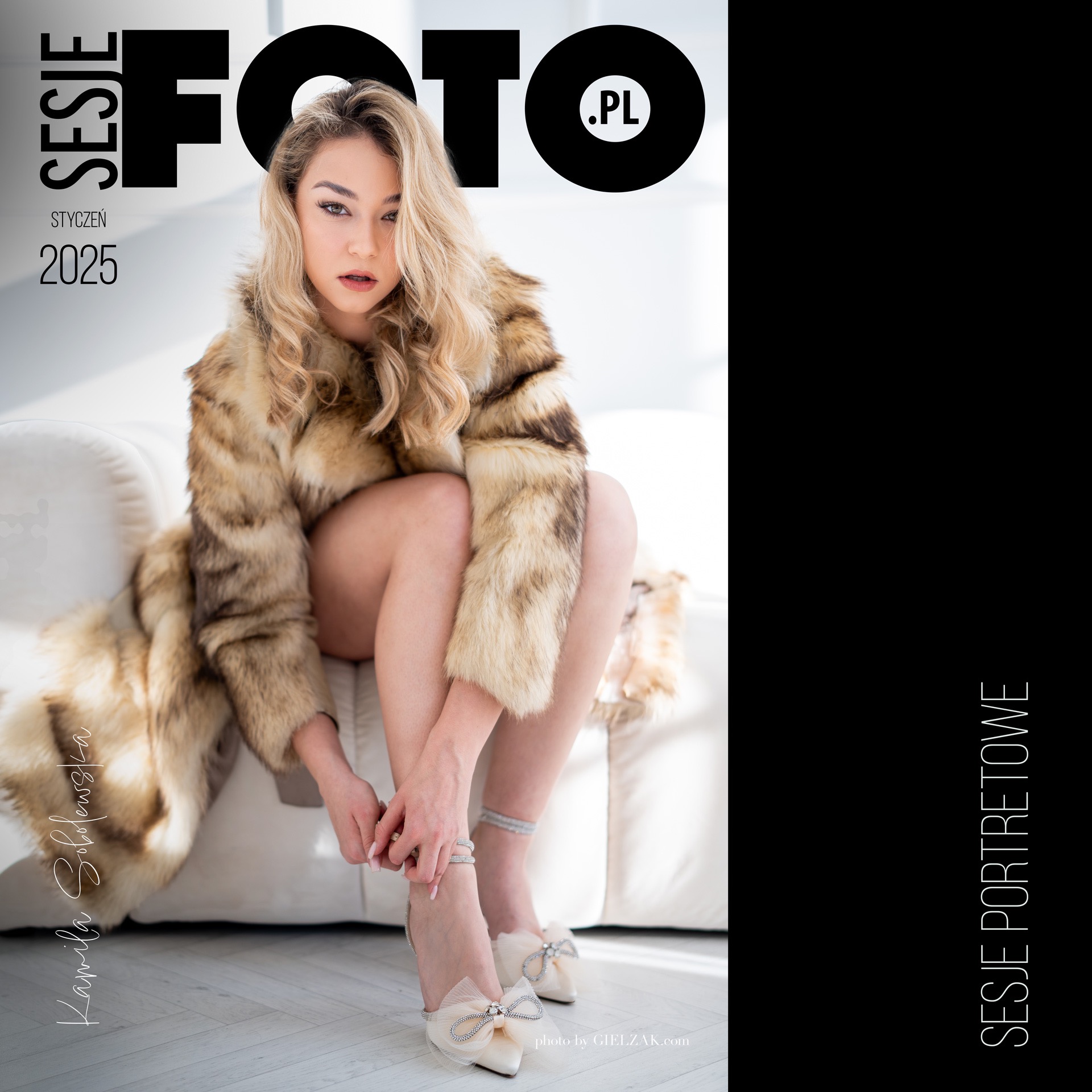 Okładka katalogu 'Sesje Foto.pl' ze zdjęciem kobiety w futrze i eleganckich butach na tle białej sofy, stylizacja sesji kobiecej w Krakowie, styczeń 2025.